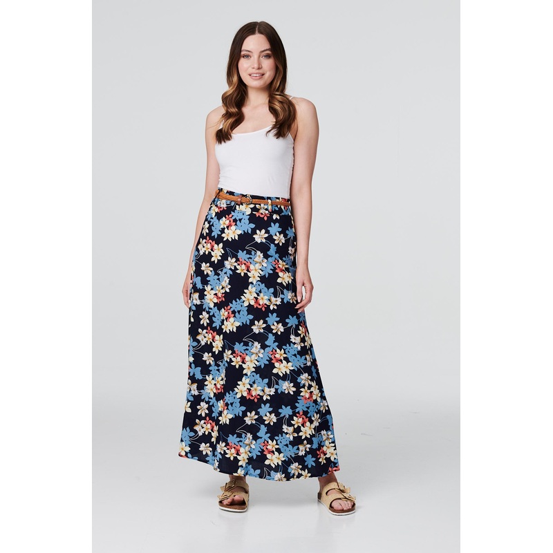Floral Belted A-Line Maxi Skirt Navy 8
