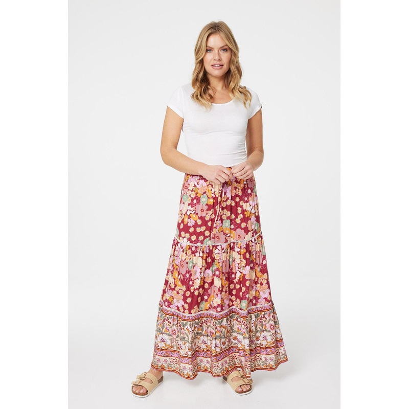 Floral Border Print Maxi Skirt Pink 8