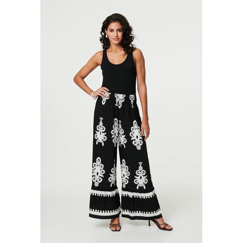Ikat Print High Waist Wide Leg Trousers Black S