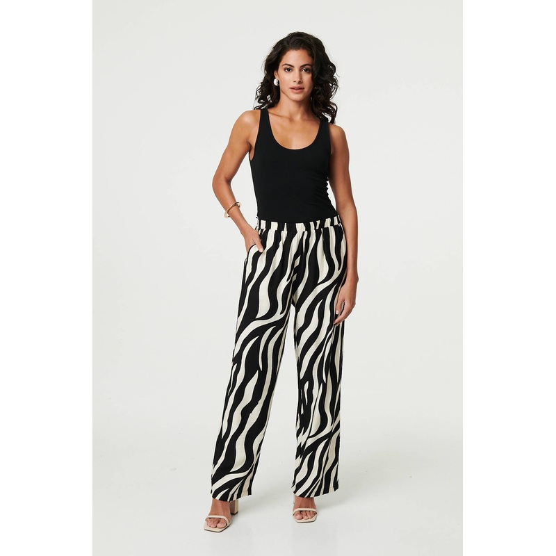 Zebra Print Wide Leg Relaxed Trousers Black 8