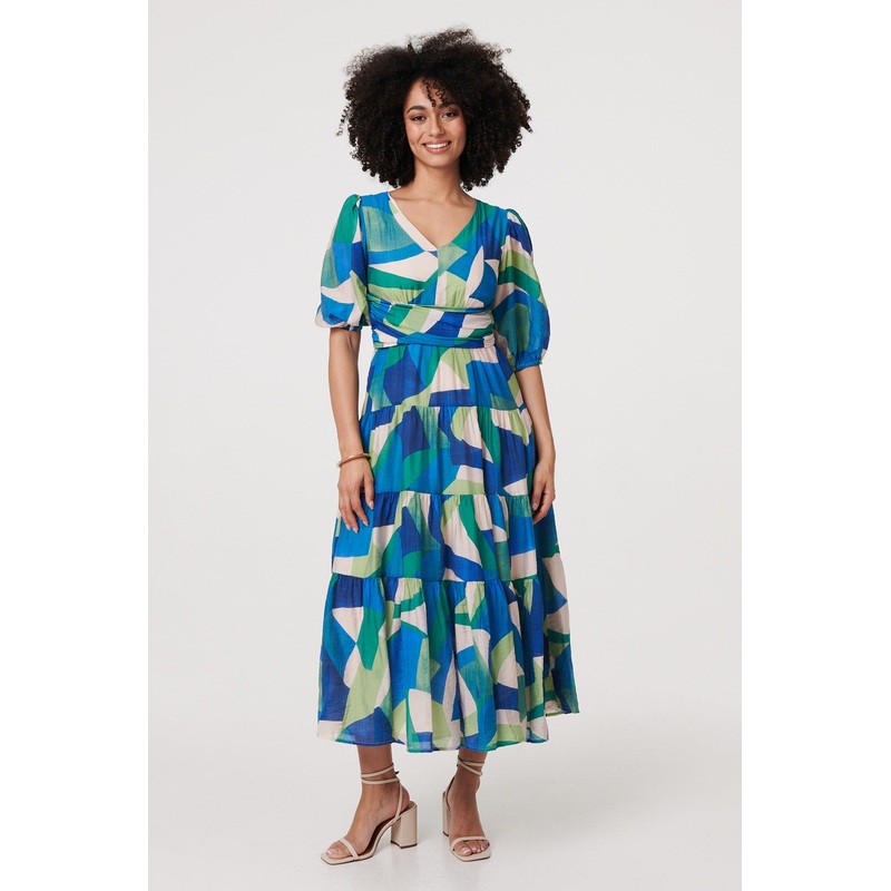Abstract Ruched 1/2 Sleeve Midi Dress Green 8