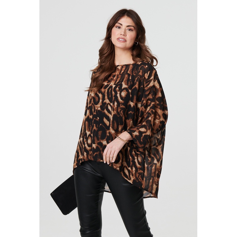 Animal Print 3/4 Sleeve Blouse Top Brown S/M