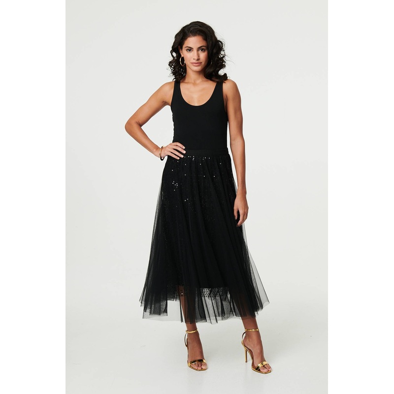 Embellished Mesh Layer Midi Skirt Black S