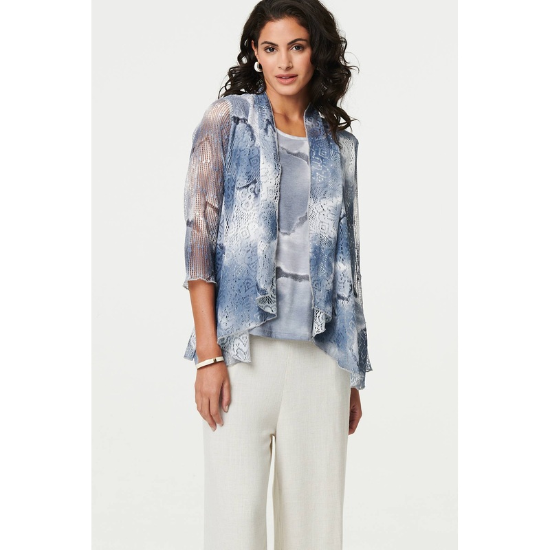 Tie Dye Semi Sheer Crochet Waterfall Top Grey S