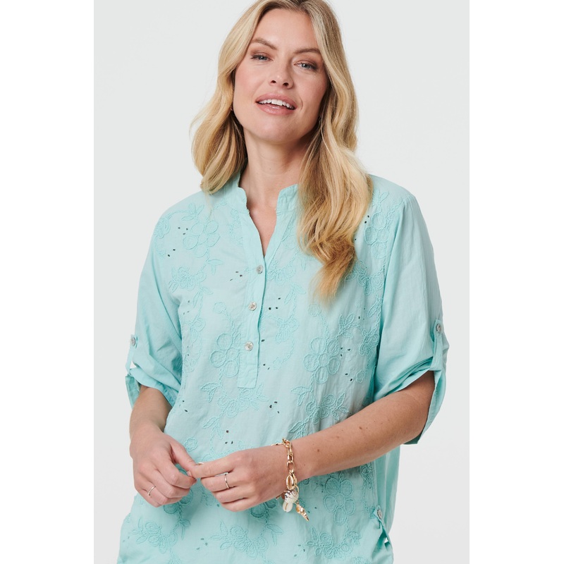 Broderie Anglaise Button Front Blouse Green S