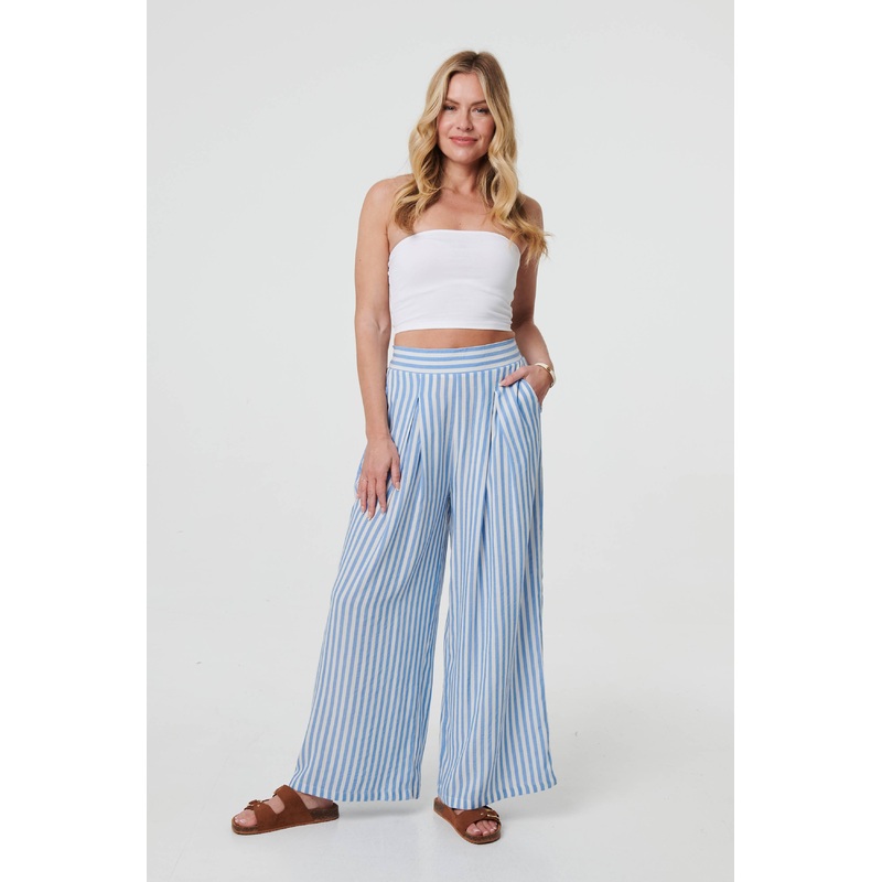 Striped High Waist Wide Leg Trousers Blue 8