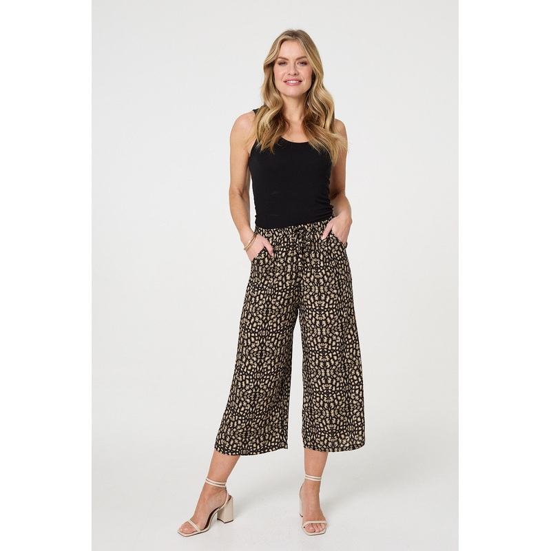 Printed Drawstring Waist Crop Trousers Black 8