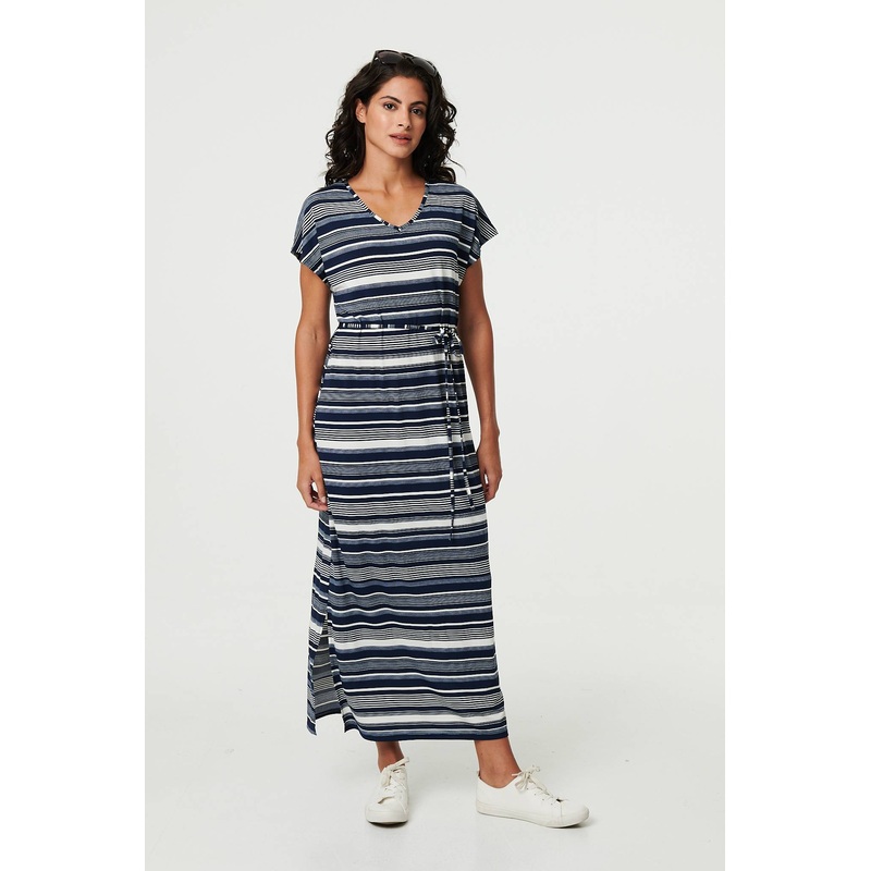 Striped Cap Sleeve Tie Waist Maxi Dress White 8