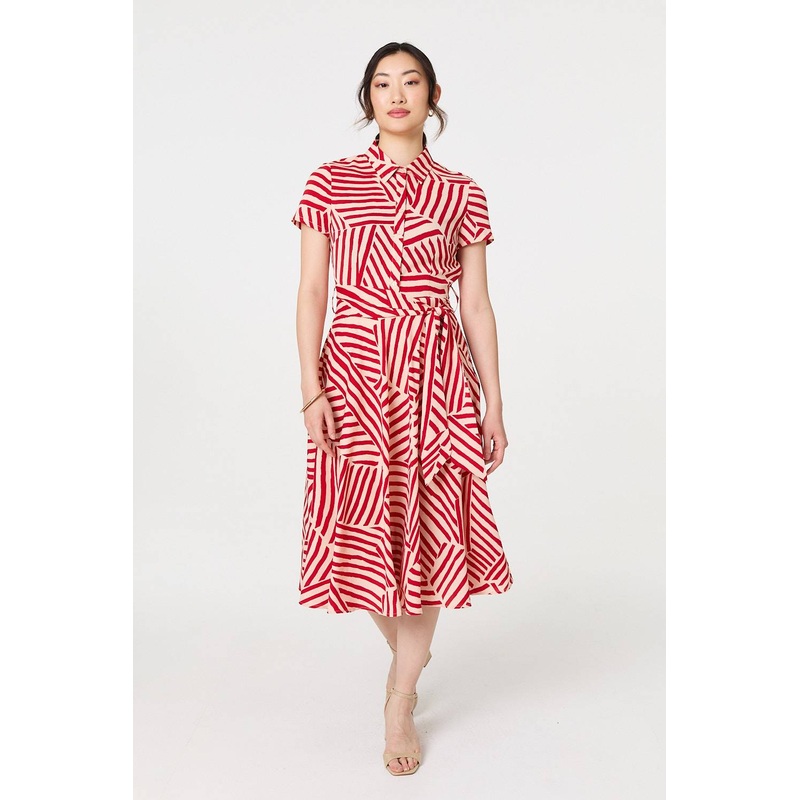 Striped Tie Waist Midi Shirt Dress Red 8
