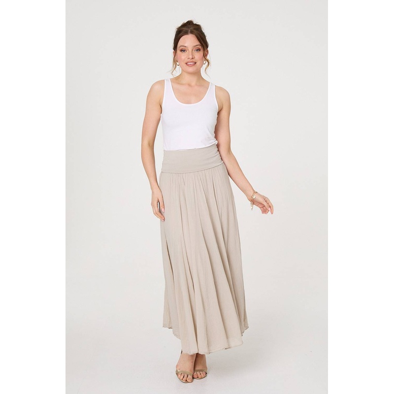 2-in-1 Stretchy A-Line Maxi Skirt Dress Beige S/M