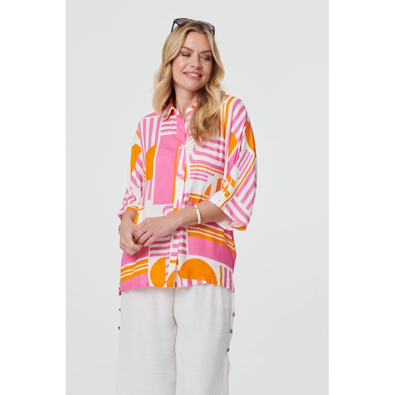 Abstract 3/4 Sleeve Relaxed Shirt Pink 8