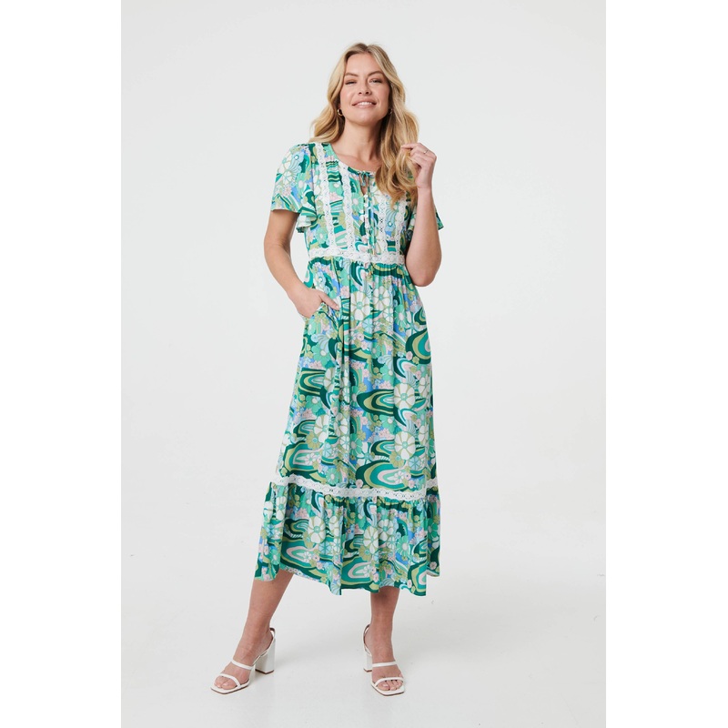 Abstract Lace Trim Tie Neck Midi Dress Green 8
