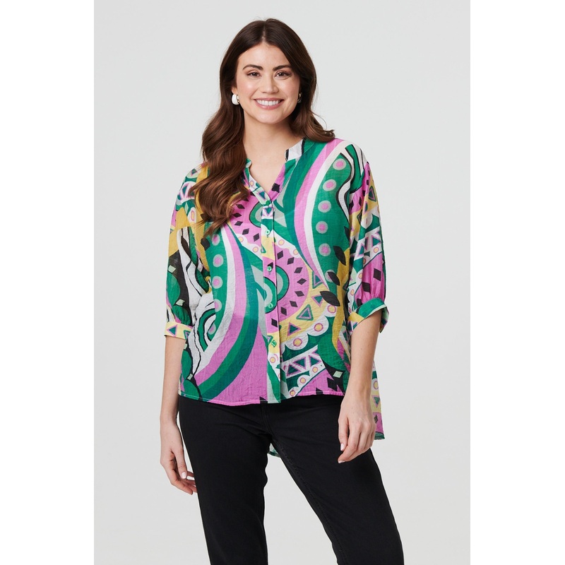 Abstract Print 3/4 Sleeve Relaxed Shirt Green 8