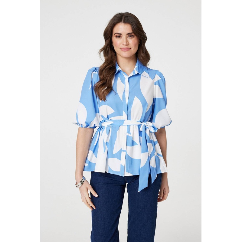 Abstract Puff Sleeve Tie Waist Blouse Blue 8