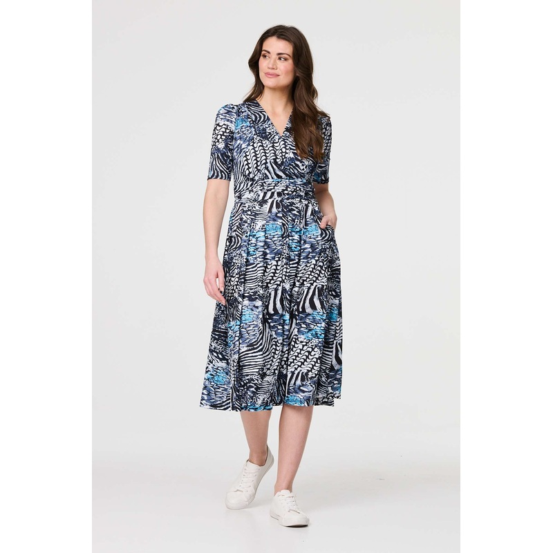 Abstract Ruched 1/2 Sleeve Midi Dress Navy 8