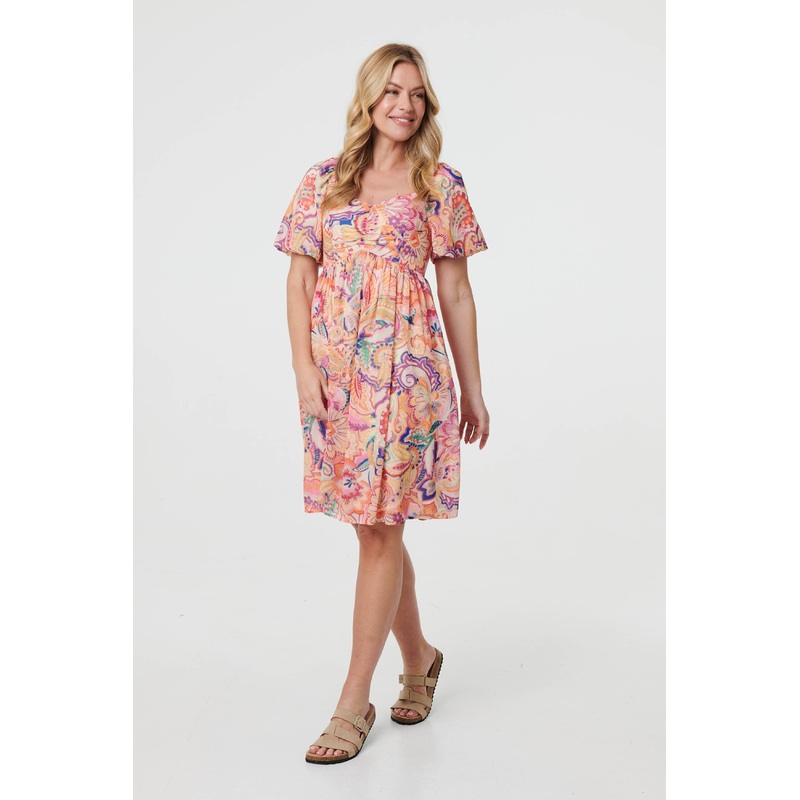 Abstract Ruched Empire Knee Length Dress Orange 8