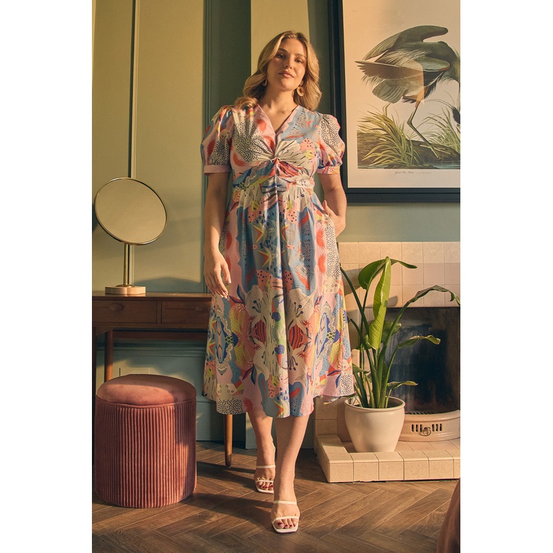 Abstract Ruched Front Empire Midi Dress Blue 8