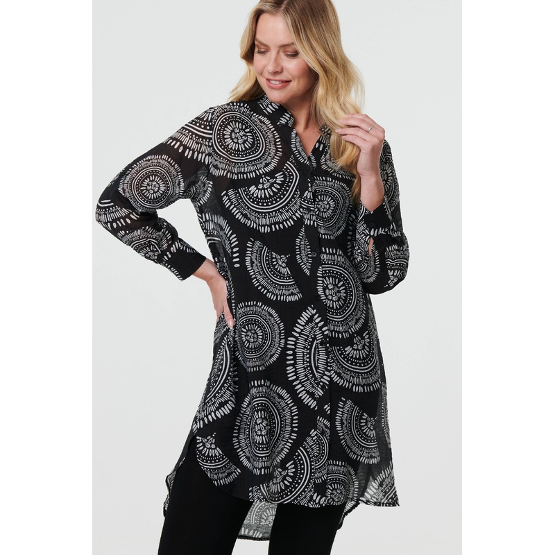 Abstract Sheer Relaxed Longline Blouse Black 8