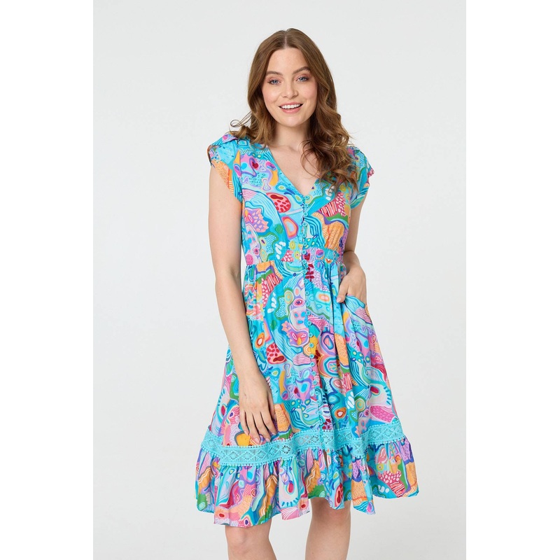 Abstract Shirred Lace Trim Midi Dress Blue 8