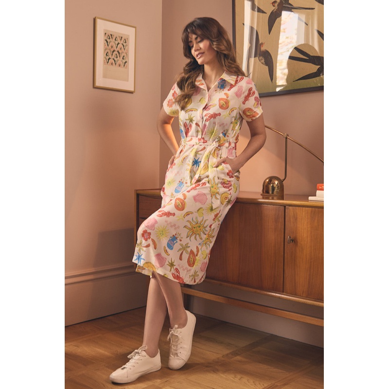 Abstract Tie Waist Midi Shirt Dress White 8