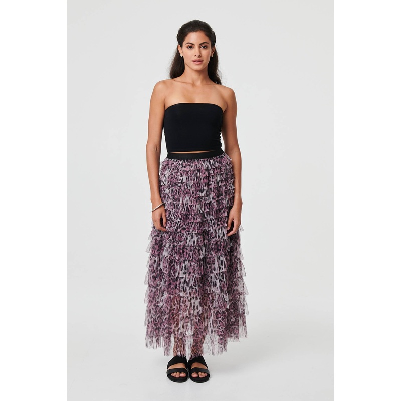 Animal Print Semi Sheer Mesh Midi Skirt Purple S
