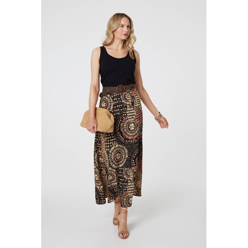 Aztec Print A-Line Belt Maxi Skirt Black 8