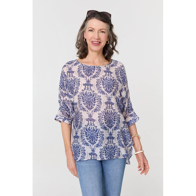 Baroque Print 3/4 Sleeve Relaxed Blouse Blue 8