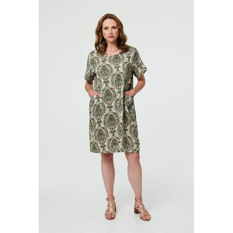 Baroque Print Relaxed Short Shift Dress Green S