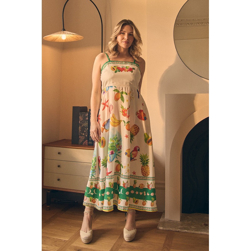 Border Print Cami Strap Midi Dress Green 8