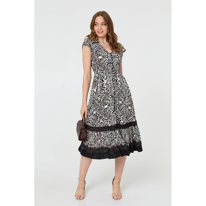 Border Print Shirred Knee Length Dress Black 8