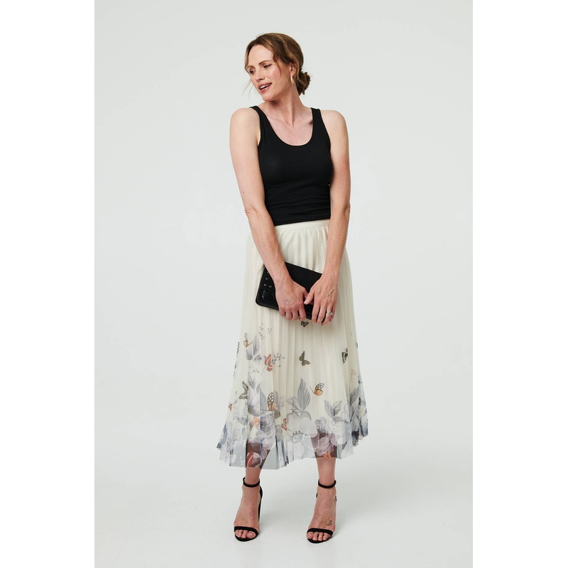 Butterfly Print Pleated Mesh Midi Skirt Beige S/M