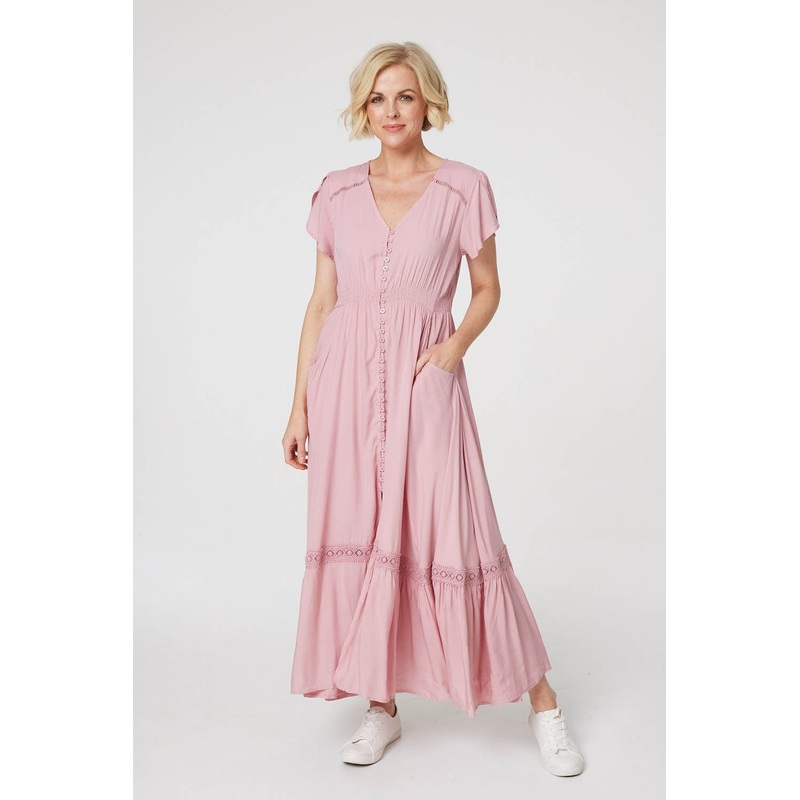 Button Front Maxi Dress with Pockets Pink 8