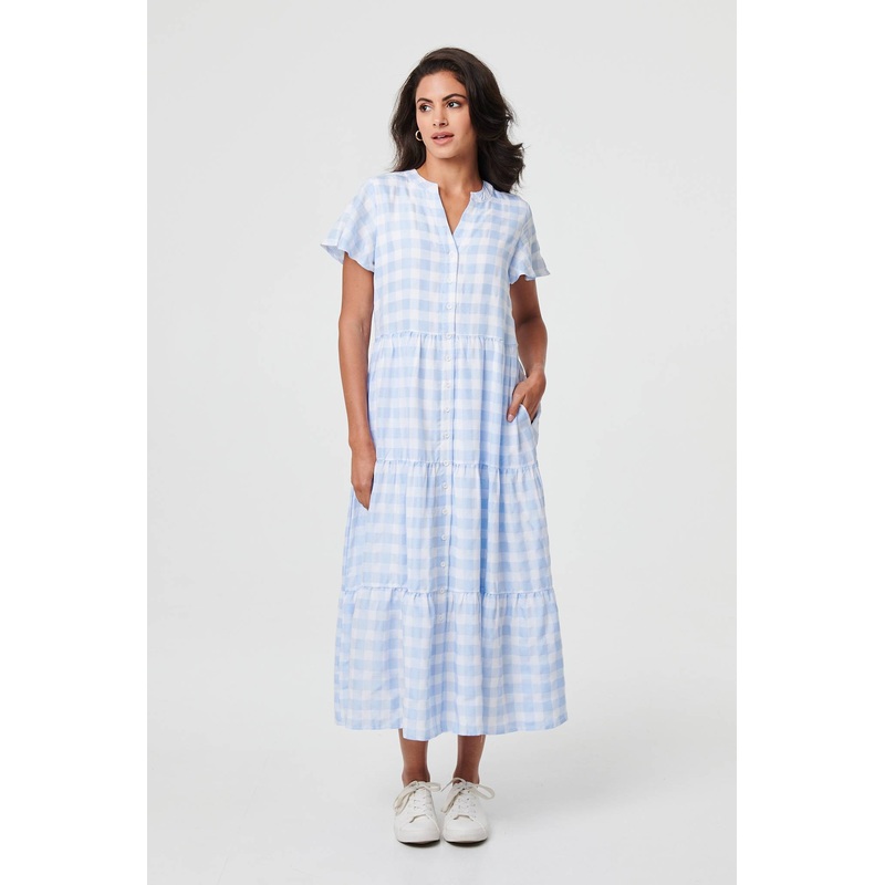 Checked Short Sleeve Tiered Maxi Dress Blue 8
