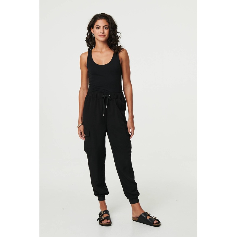 Drawstring High Waist Cargo Trousers Black 8
