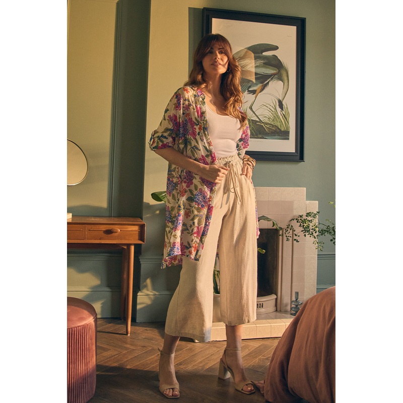 Elasticated Waist Crop Wide Leg Trousers Beige 8