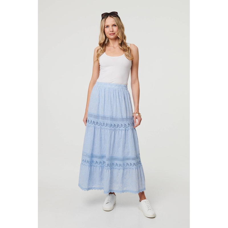 Embroidered High Waist Tiered Maxi Skirt Blue S/M