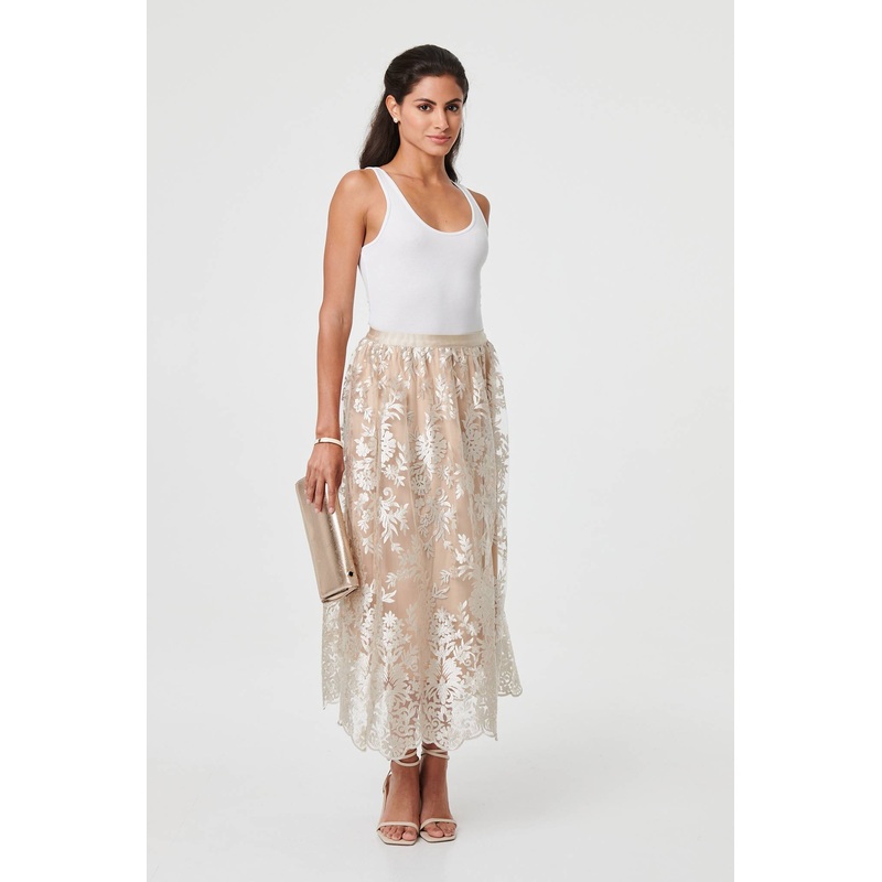 Floral Embellished High Waist Midi Skirt Cream 8