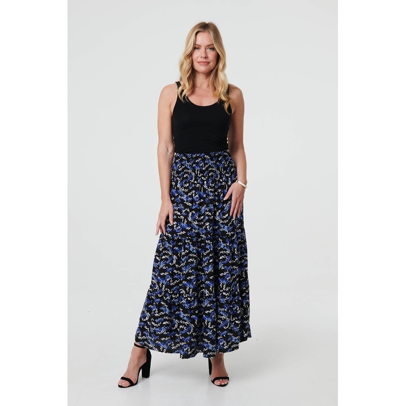 Floral High Waist Shirred Maxi Skirt Blue 8