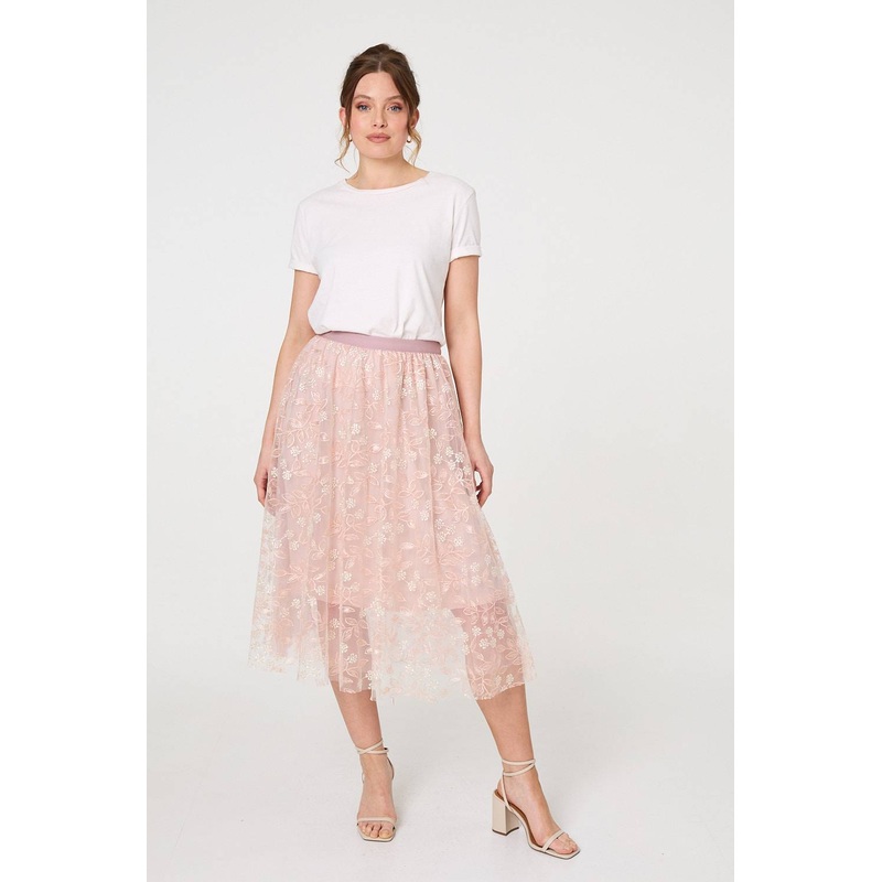 Floral Mesh Layered Midi Skirt Pink S