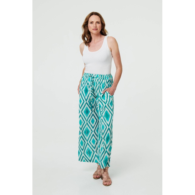 Geo Print Wide Leg High Waist Trousers Green S/M