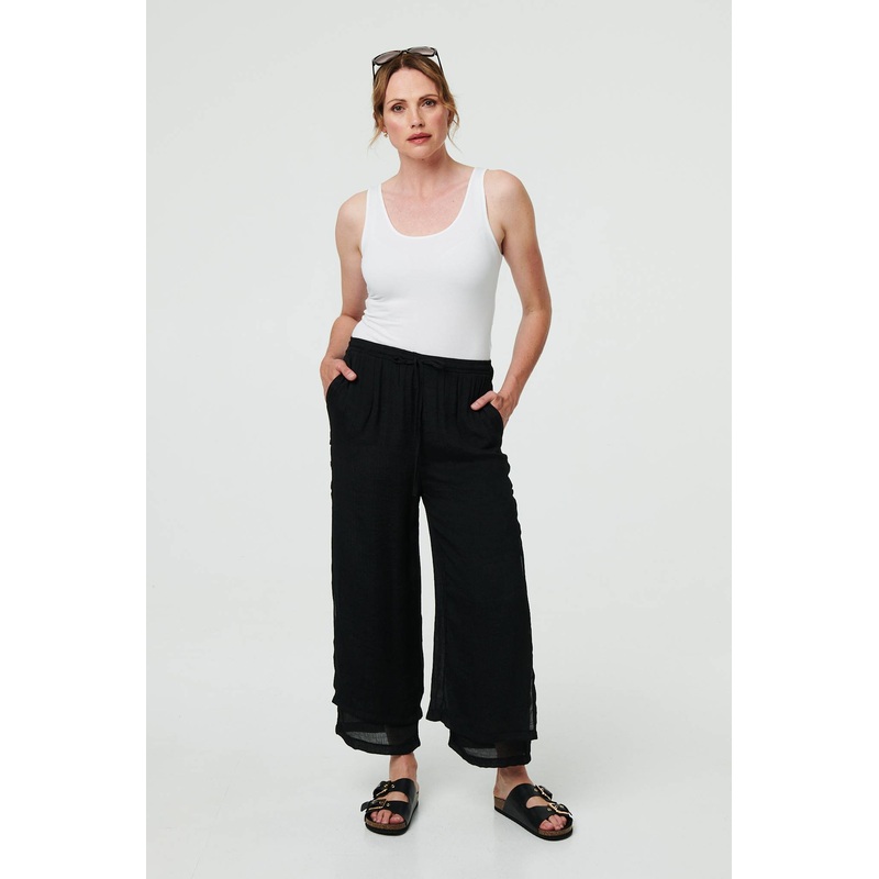 High Waist Side Split Layered Trousers Black 8