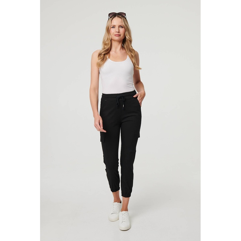 High Waist Slim Fit Cropped Cargo Pants Black M