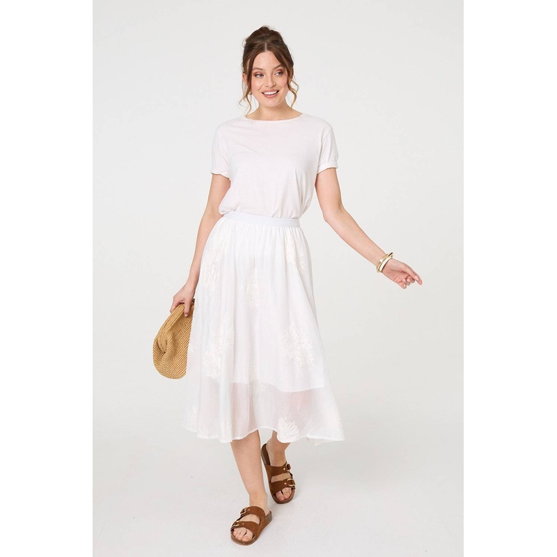 Lace Embellished A-Line Midi Skirt White S