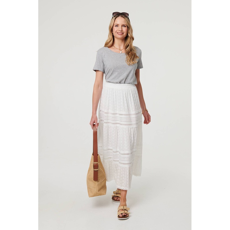 Lace Trim High Waist Tiered Maxi Skirt White S/M