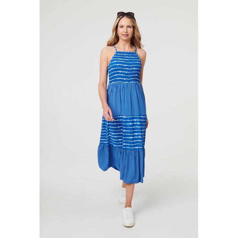 Striped Ruched Texture Tiered Midi Dress Blue S/M