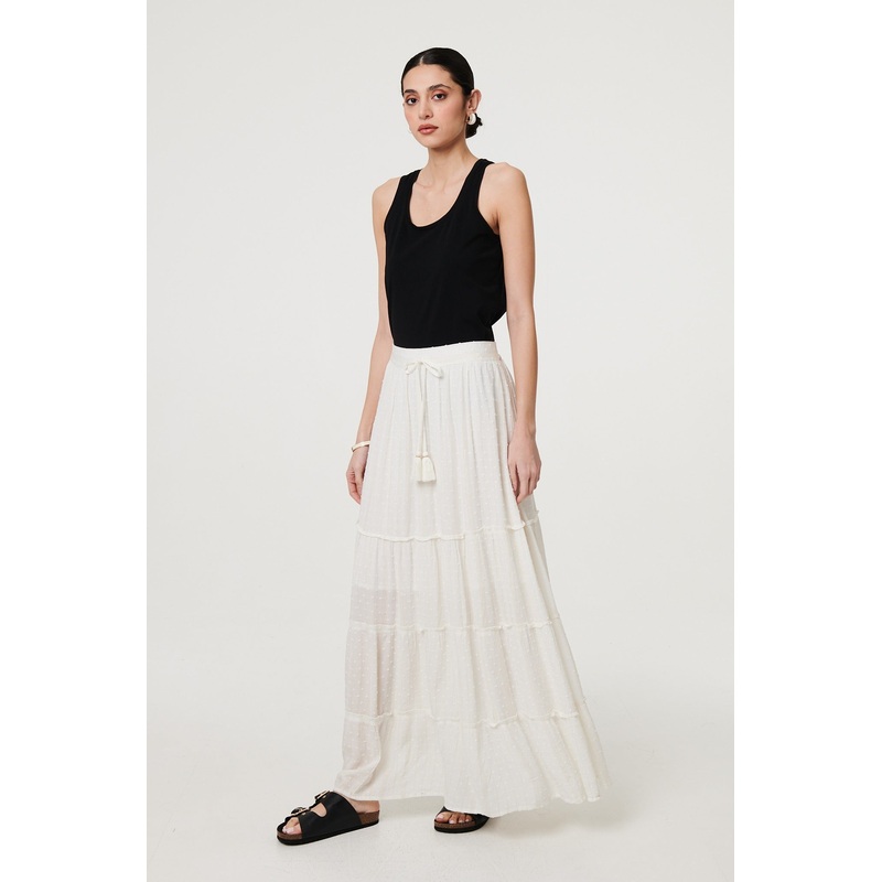 Textured High Waist Tiered Maxi Skirt White 8