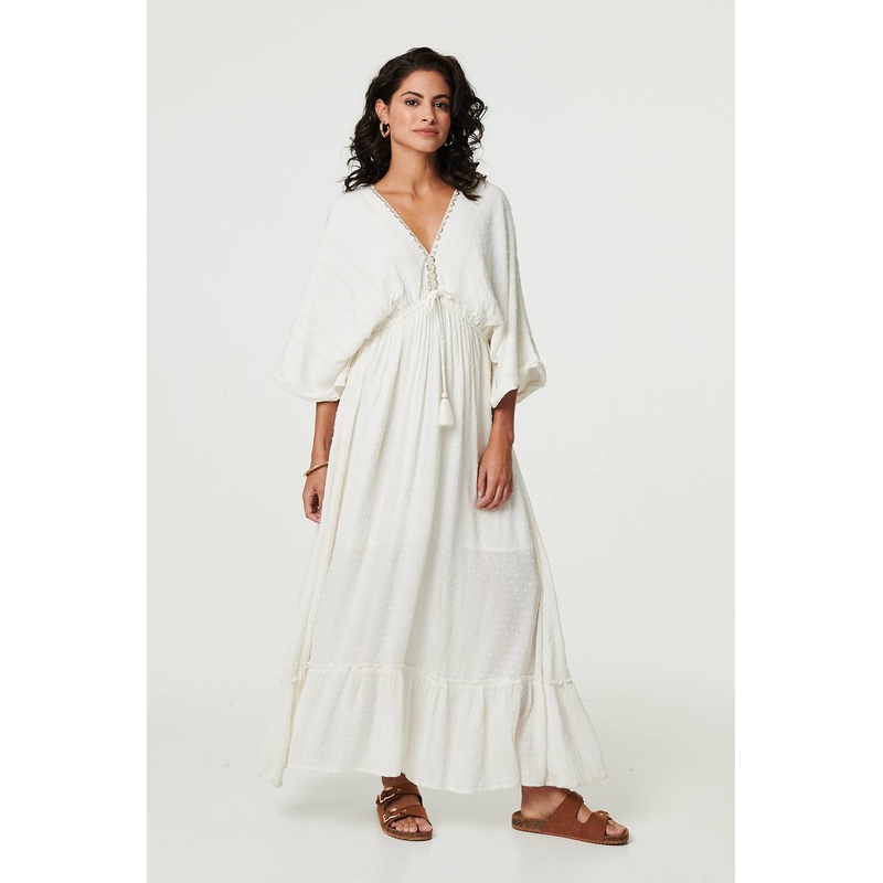 Textured V-Neck Empire Kimono Maxi Dress Cream 8