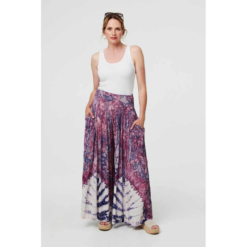 Tie Dye High Waist Shirred Wide Trousers Purple S