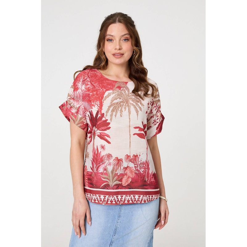Tropical Print 1/2 Sleeve Relaxed Top Red S/M