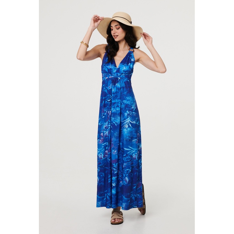 Tropical Print Strap Empire Maxi Dress Blue 8